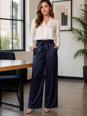 Julia June Navy Blue Satin Wide Leg Trousers High Waist Belted Pants Size 4